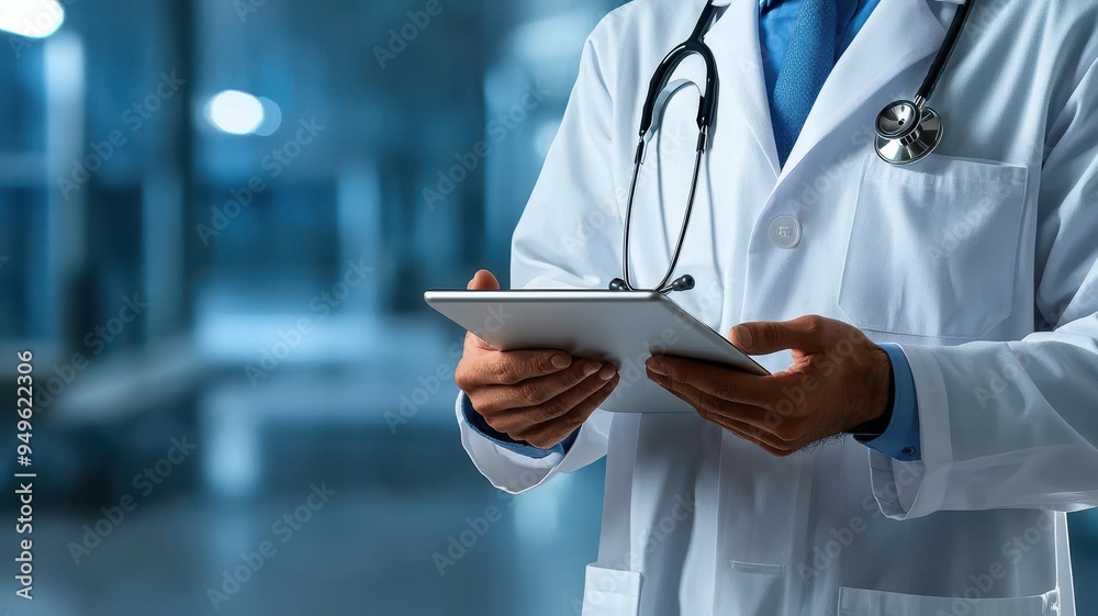 A doctor in a lab coat holding a tablet, symbolizing modern healthcare and digital technology in medical practice. A doctor in a lab coat holding a tablet, symbolizing modern healthcare and digital technology in medical practice.