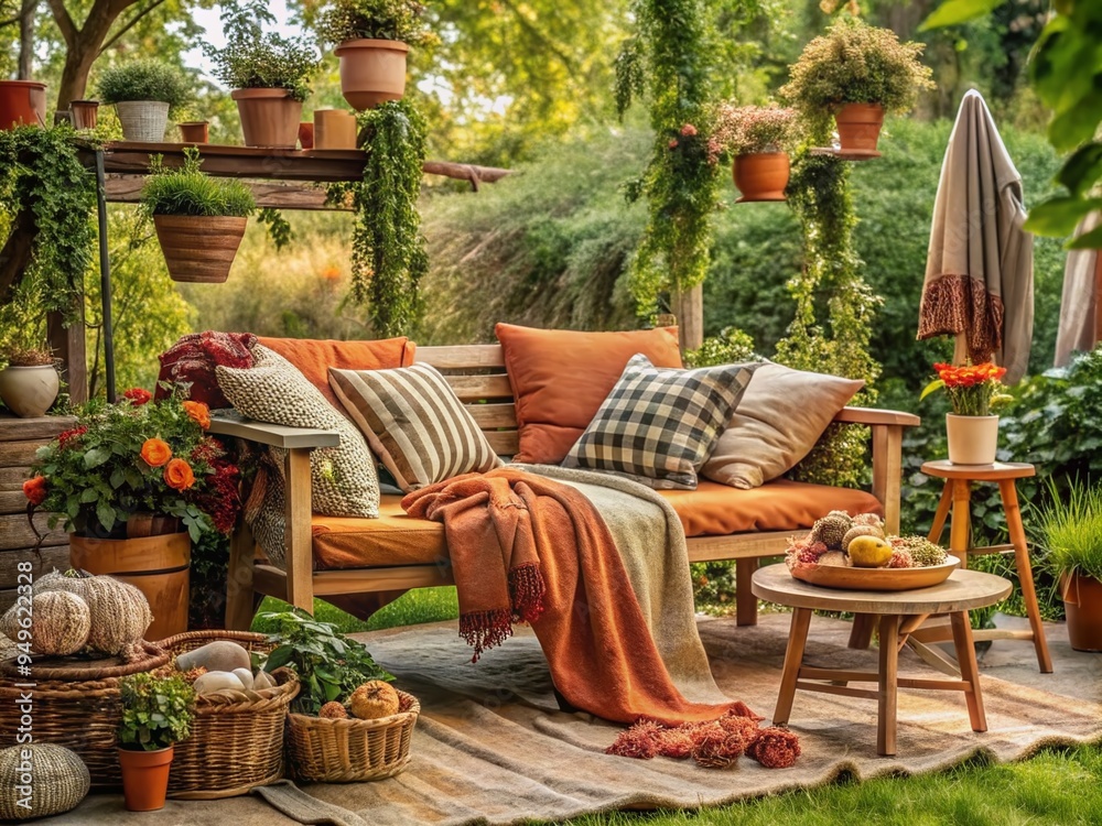 Fototapeta premium Sunkissed serenity, lush greenery, warm terracotta, rustic wooden accents, soft afternoon light, vintage garden decor, blooming floral patterns, cozy throw blankets, natural textures, peaceful retreat