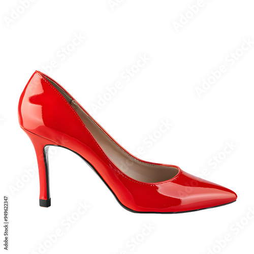 Side view of a single red women's high-heeled pump shoe isolated on transparent background