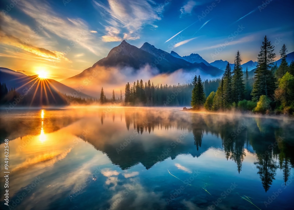 dreamy surreal mist rises above dark blue lake's stillness as sun sets behind mountains casting golden light on tranquil morning scene dreamy surreal mist rises above dark blue lake's stillness as sun sets behind mountains casting golden light on tranquil morning scene