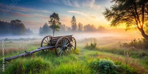 Dreamy misty morning landscape with abandoned wooden wagon and wagon wheel in overgrown meadow surrounded by mystical fog and eerie silence. photo