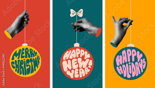 Set of Christmas and New Year greeting cards. Collection of templates for social media with halftone hands holding Christmas tree balls. Modern collage. Christmas lettering, calligraphy