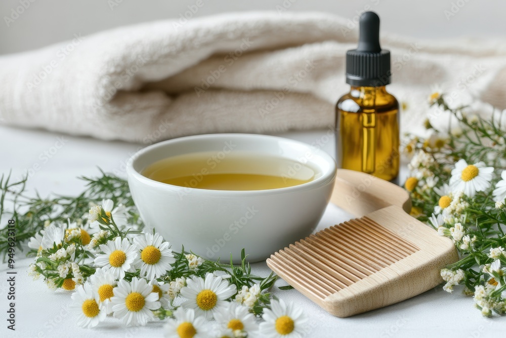 A serene arrangement of essential oils, flowers, and a wooden comb for relaxation and beauty. A serene arrangement of essential oils, flowers, and a wooden comb for relaxation and beauty.