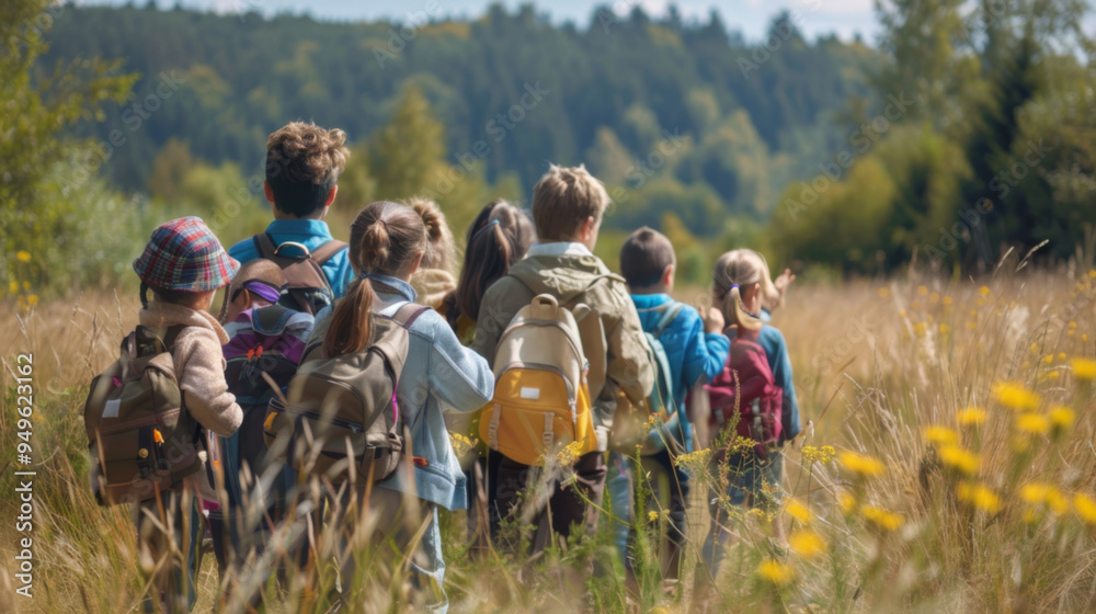 School children exploring nature on a field trip School children exploring nature on a field trip