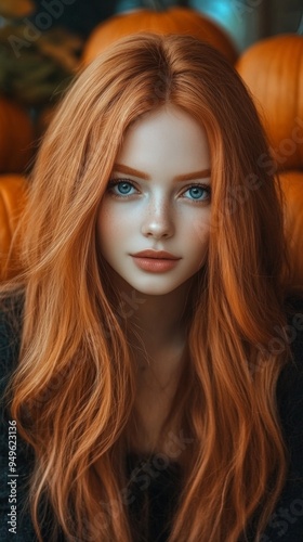 A stunning red-haired woman with bright blue eyes poses with pumpkins, embodying the warm and festive spirit of autumn.