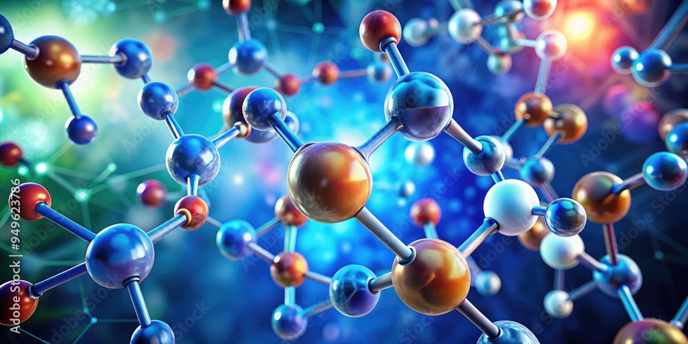 3D illustration render of interconnected molecules representing scientific research, with a vibrant color palette, glowing particles, and dynamic movement, ideal for a presentation backdrop 3D illustration render of interconnected molecules representing scientific research, with a vibrant color palette, glowing particles, and dynamic movement, ideal for a presentation backdrop