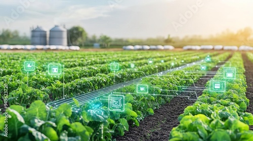 Obraz na płótnie Agricultural field with connected sensors, internet of things in agriculture, smart farming innovations w salonie