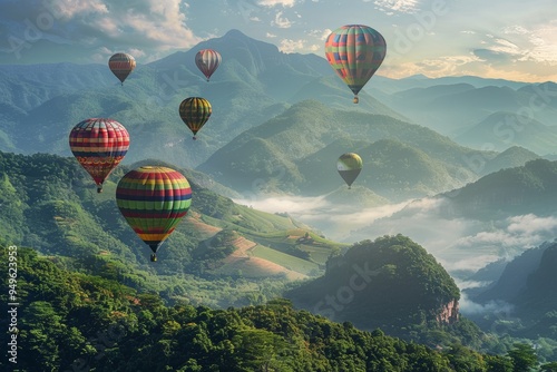 Colorful Hot Air Balloons Soaring Over Lush Green Mountains and Fog photo