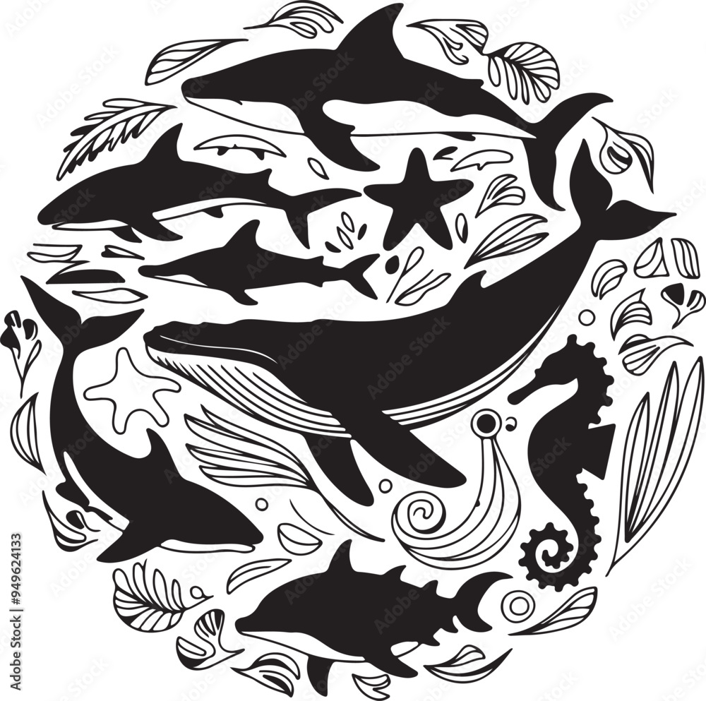 Hand-drawn illustration of sea life colouring page mandala design silhouette vector on white background.