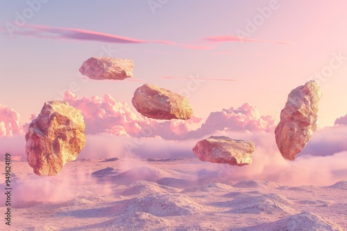 Group of rocks flying through the air in surreal desert landscape, Surreal desert landscape with floating rocks and a pink sky photo