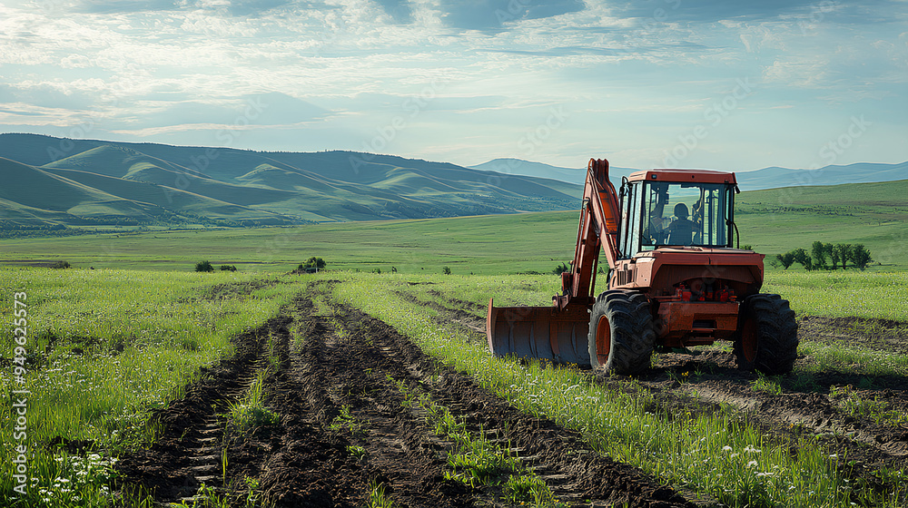 Excavator Working in Field with Mountain Landscape Excavator Working in Field with Mountain Landscape