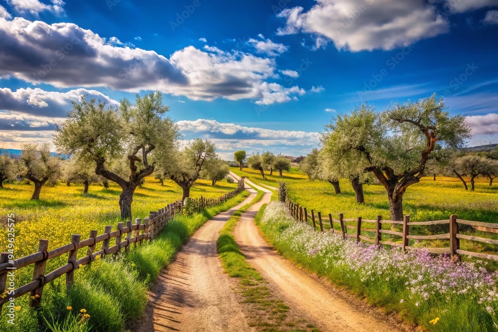 Naklejka premium rustic country road winding through a blooming spring vineyard with ancient olive trees and vintage wooden fences under a brilliant blue sky