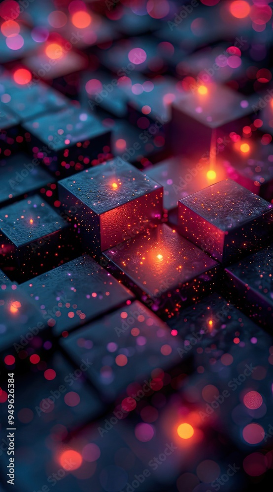 Dark background, black cubes with red and purple lights Dark background, black cubes with red and purple lights