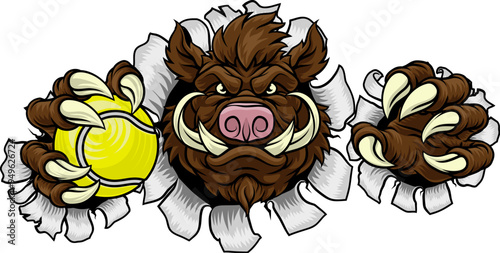 A wild boar, hog razorback warthog pig mean tough cartoon sports mascot holding a tennis ball
