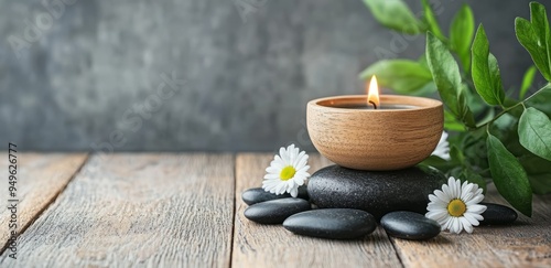 daisy with pebble stones and green leaves, spa and wellness concept
