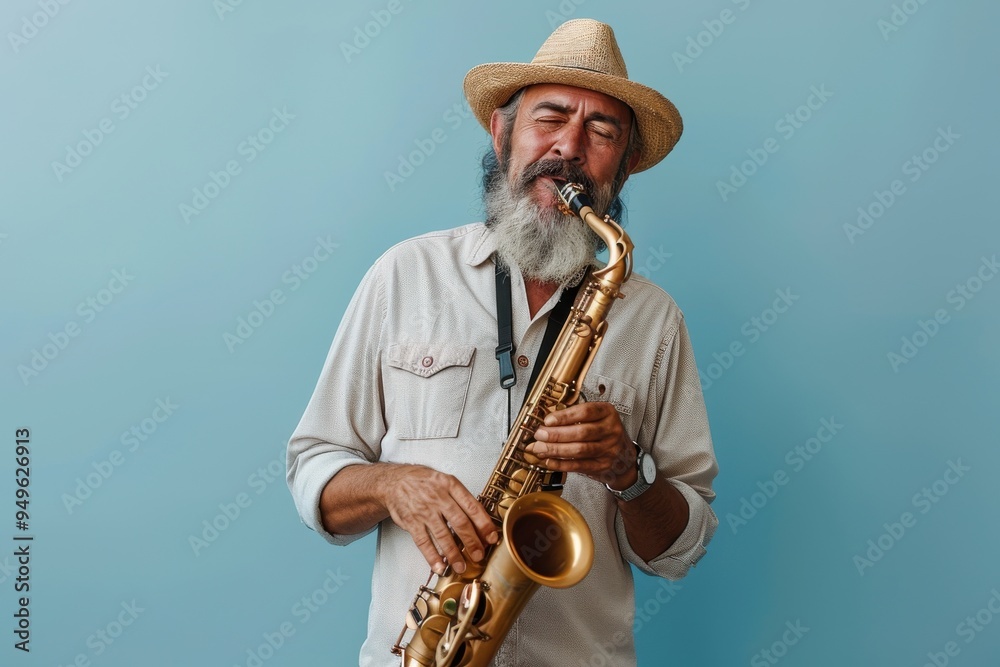 Naklejka premium A man wearing a straw hat is playing a saxophone