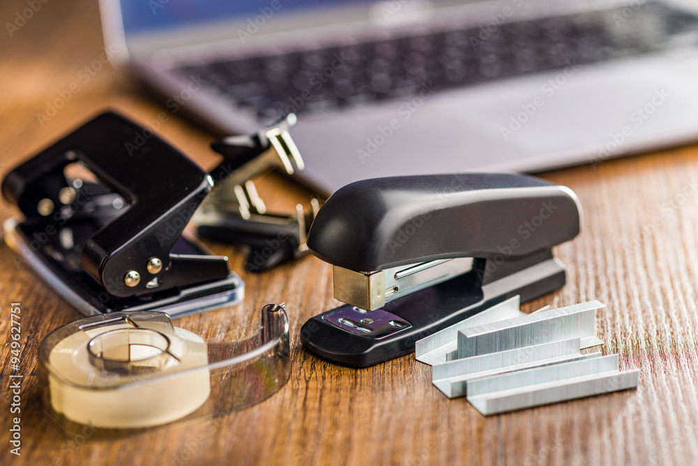 Office equipment. Stapler, staple remover, Scotch Tape Dispenser and hole puncher on wooden table. Office equipment. Stapler, staple remover, Scotch Tape Dispenser and hole puncher on wooden table.