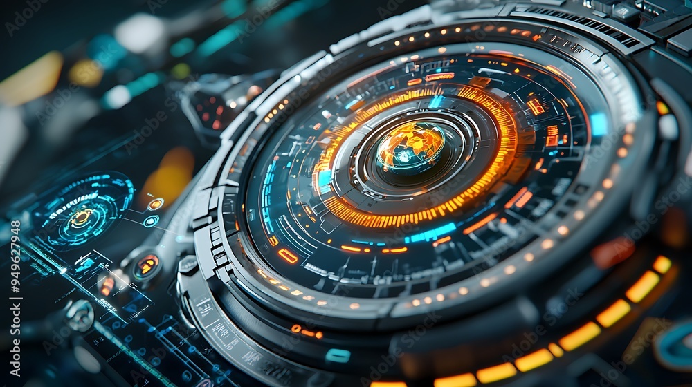 Glowing lights and circular designs define a futuristic technology interface. Glowing lights and circular designs define a futuristic technology interface.