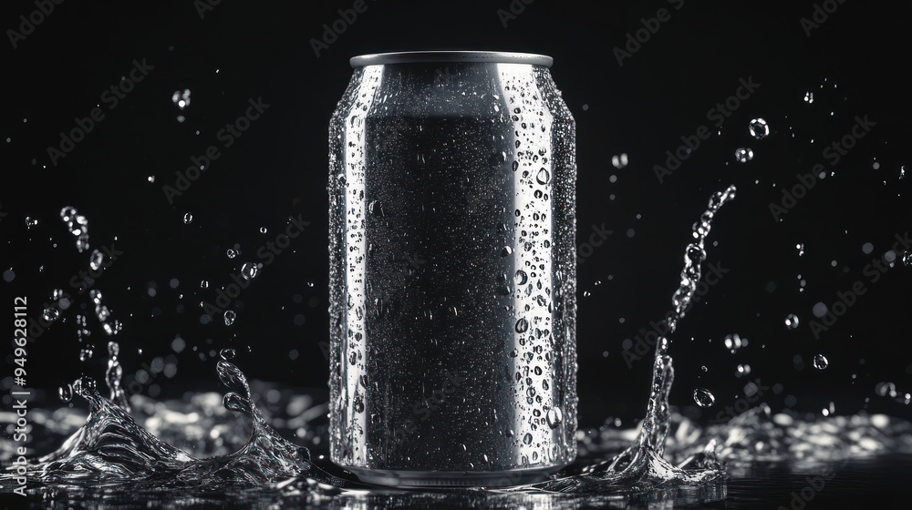 A sleek aluminum can covered in water droplets stands amidst dynamic splashes on a reflective dark surface, highlighting a fresh and cool beverage concept. A sleek aluminum can covered in water droplets stands amidst dynamic splashes on a reflective dark surface, highlighting a fresh and cool beverage concept.