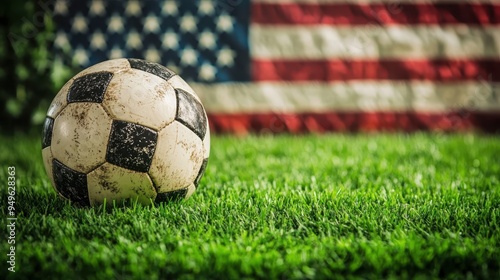 Patriotism in Sports: Soccer Ball on Green Grass Field with American Flag Background photo