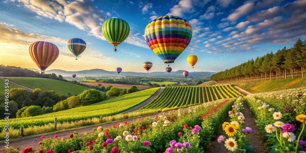 Fototapeta premium whimsical spring scene of a vineyard with hot air balloons soaring above the lush vineyard rows and blooming flowers under a bright blue sky