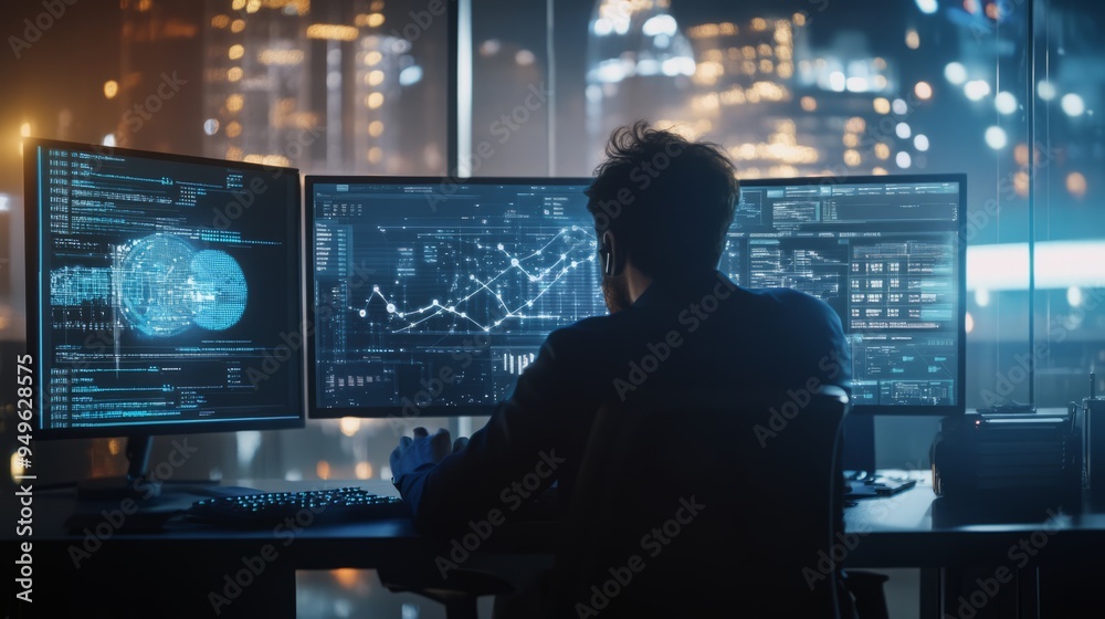 Manager working on computer in office with AI technology. Man with back turned thinking about business project and looking at financial report at night. Marketing staff. AI concept. Generative AI. Manager working on computer in office with AI technology. Man with back turned thinking about business project and looking at financial report at night. Marketing staff. AI concept. Generative AI.
