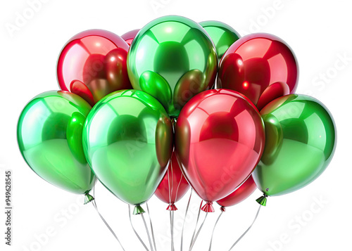 A cluster of green and red glossy latex balloons tied together with strings, all against a white background