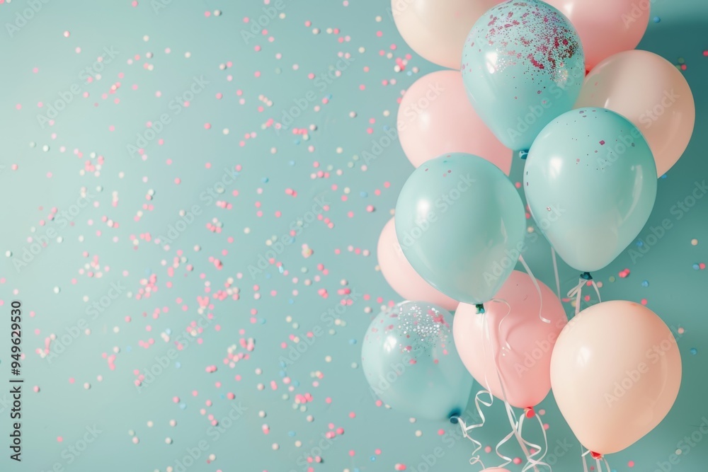 Pastel Pink and Blue Balloons with Confetti on Teal Background Pastel Pink and Blue Balloons with Confetti on Teal Background