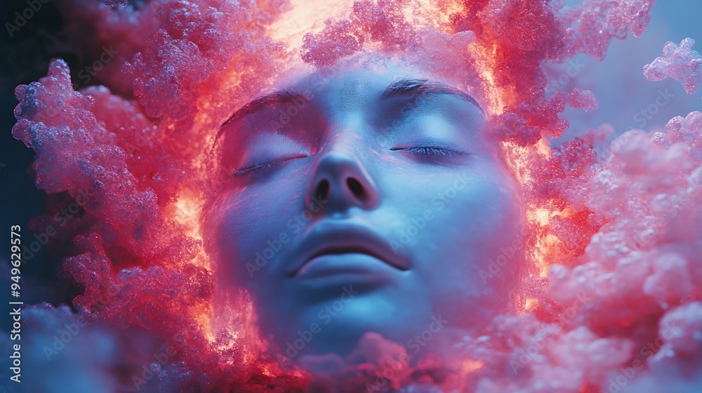 A woman�s face emerges from a mesmerizing swirl of crystallized red and blue smoke. A woman�s face emerges from a mesmerizing swirl of crystallized red and blue smoke.
