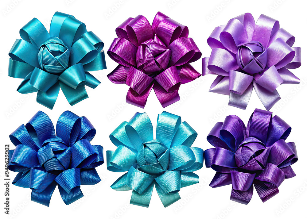 Six satin ribbon bows in various shades of blue, turquoise, purple, and magenta are arranged in a row on a white background Six satin ribbon bows in various shades of blue, turquoise, purple, and magenta are arranged in a row on a white background