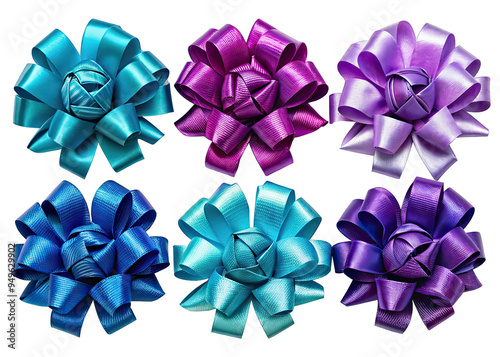 Six satin ribbon bows in various shades of blue, turquoise, purple, and magenta are arranged in a row on a white background