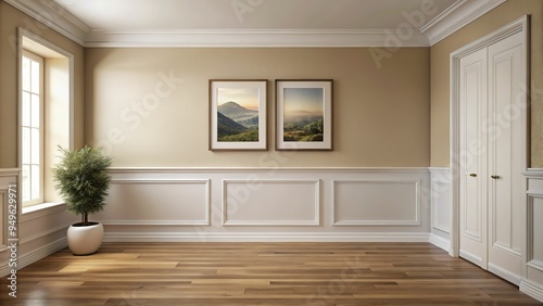 1. Soft, creamy beige walls with subtle texture, adorned with minimalist white molding, a realistic photo image.