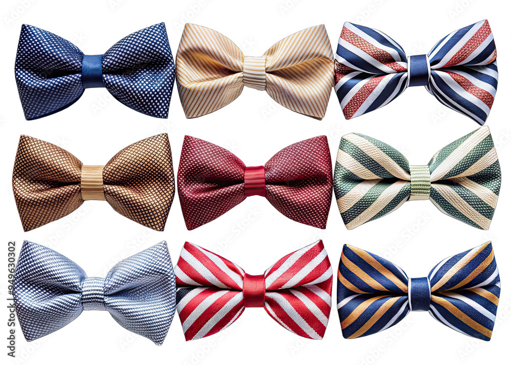 Nine striped bow ties are neatly arranged in three rows on a black background. Each bow tie has a different color combination Nine striped bow ties are neatly arranged in three rows on a black background. Each bow tie has a different color combination