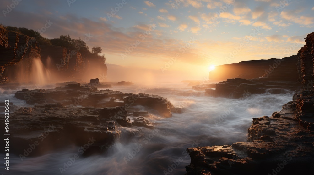 Golden Hour Sunset Over Rocky Coastline Golden Hour Sunset Over Rocky Coastline