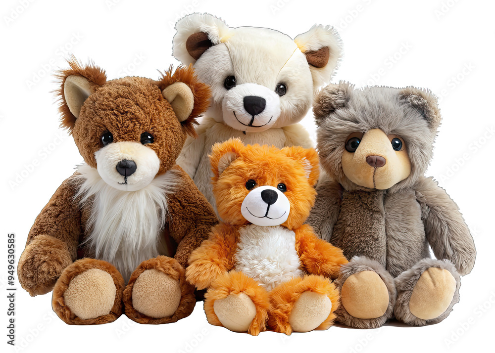 A group of four plush furry stuffed animals sitting together on a white background