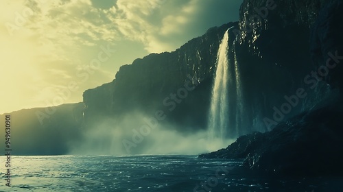 A dramatic cliffside waterfall plunging into the ocean, with sea spray catching the sunlight photo