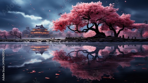 Cherry blossom sakura trees and full moon illustration  