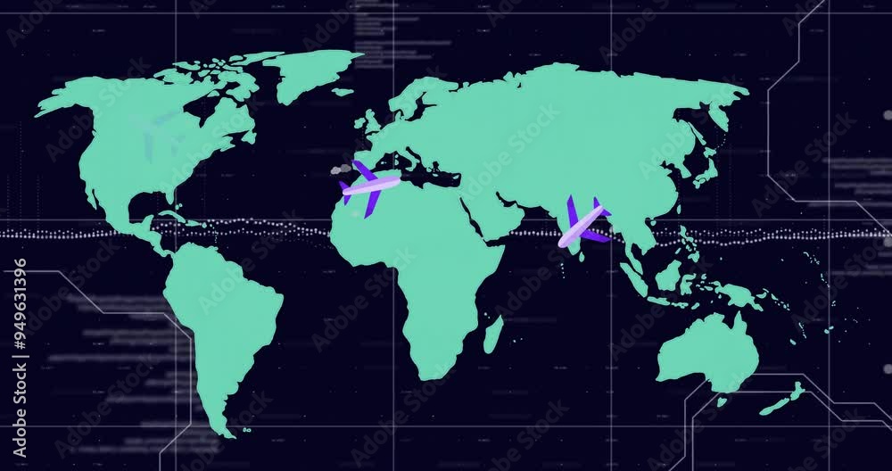Airplanes flying over world map, global travel animation Airplanes flying over world map, global travel animation