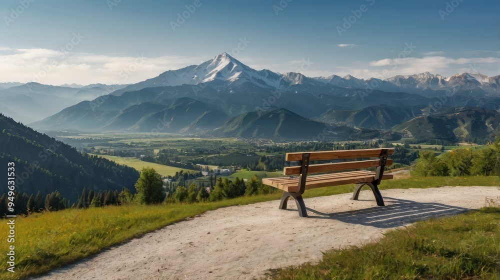 Mountain view with bench, European landscape Mountain view with bench, European landscape