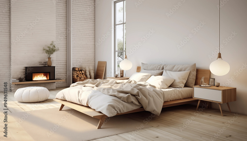 Minimalist Bedroom Interior with Fireplace and Wooden Bed Minimalist Bedroom Interior with Fireplace and Wooden Bed