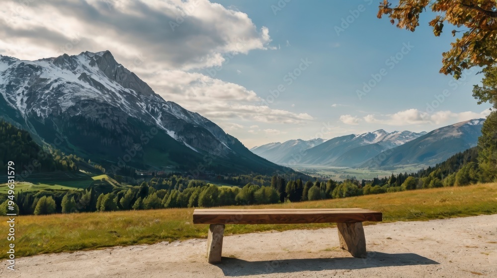 Mountain view with bench, European landscape