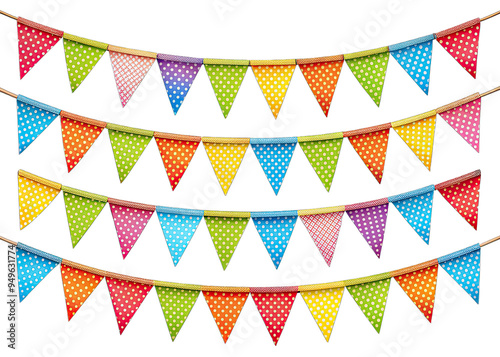 Four rows of colorful pennant bunting garland chains with white polka dots, hanging against a white background