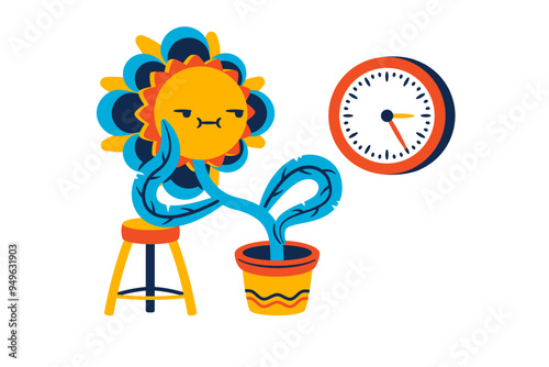 Potted plant looking at clock and waiting