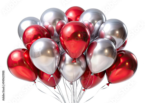 A group of silver and red metallic balloons, all tied together with strings, are arranged in a loose cluster against a white backdrop