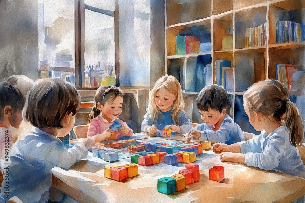 Children are joyfully playing with colorful blocks in bright classroom, fostering creativity and collaboration. Children are joyfully playing with colorful blocks in bright classroom, fostering creativity and collaboration.