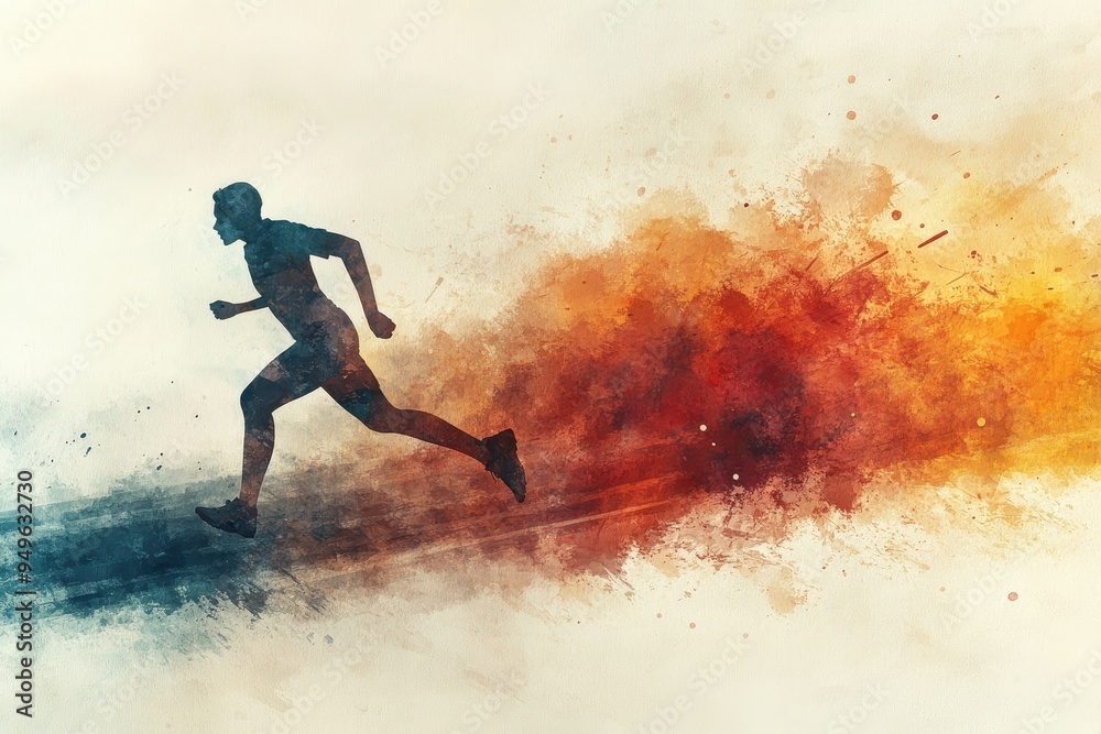 Naklejka premium A dynamic illustration of runner in motion, surrounded by vibrant splashes of color, conveying energy and speed.