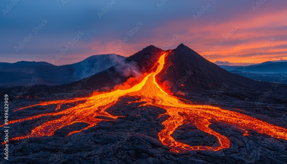 Obraz premium A breathtaking view of a volcano erupting with bright lava flowing down its slopes during sunset.