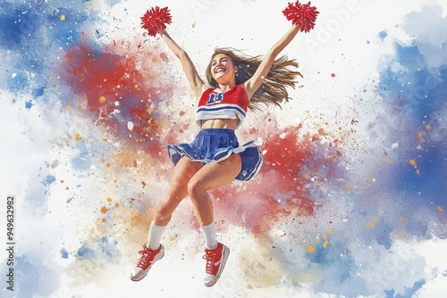 Cheerful cheerleader jumping with pom poms, surrounded by colorful splashes, exuding energy and excitement.