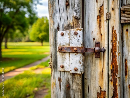 distressed white wooden door with old rusty hinges amidst blurred soft focus natural outdoors scenic landscape