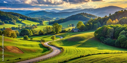 8. A Catawba Valley landscape with rolling hills, verdant forests, and a winding country road, a realistic photo image. photo